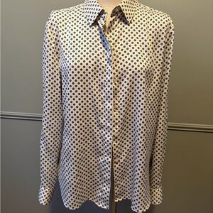 Women’s Ivory & Blue Patterned Blouse Sz L